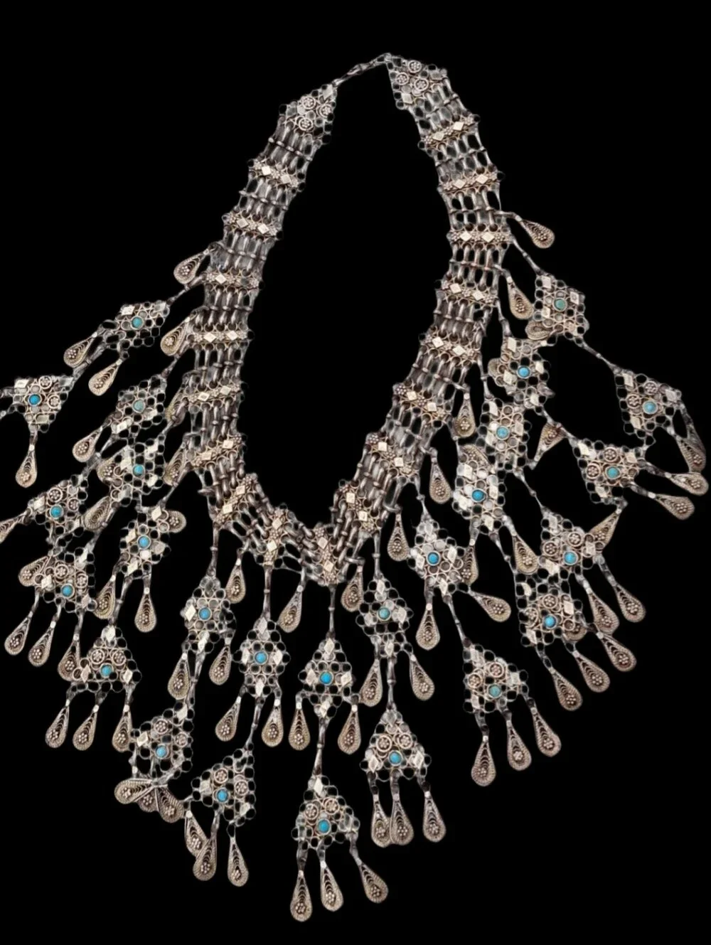 Vintage Filigree Statement Collar Necklace Faux Turquoise Tribal Festival Fringe